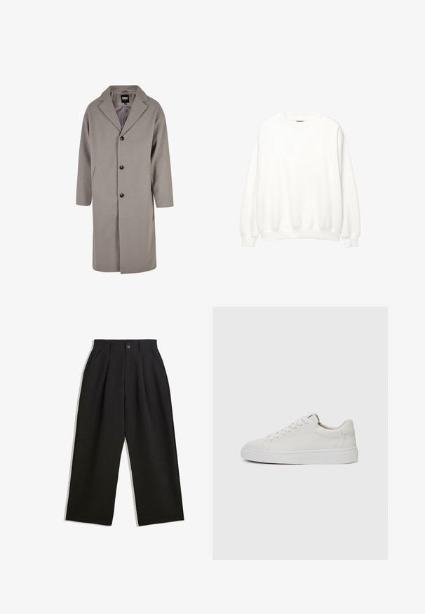 Ljusgrå knälång kappa gjord av ett mjukt material, med slagkrage, knappstängning och två sidofickor.; Vit sweatshirt, rund hals, långa ärmar, avslappnad passform. Mjuk tyg med ribbade muddar och nederkant. Minimalistisk design, inga synliga logotyper eller mönster.; Svarta byxor med avslappnad passform, utrustade med veck fram, sidofickor och knappstängning. Tillverkade av strukturerad tyg.; Vita läder sneakers med låg profil, rund tå, platt vit gummisula och minimalistiska sömmar. Skosnören säkrade genom sex hål.