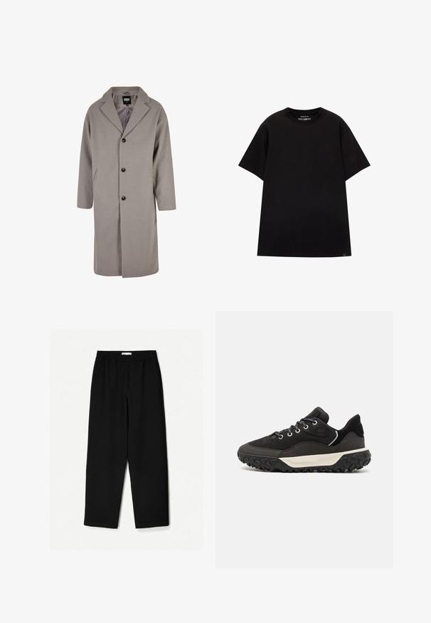 Lichtgrijze, knielange jas van een zacht materiaal, met een geklapte kraag, knoopsluiting en twee zijzakken.; PULL&BEAR JOIN LIFE - T-shirt basic - black; Zwarte, wijde broek van een lichtgewicht stof. Voorzien van een elastische tailleband en een soepele textuur. Geen zichtbare patronen of hardware.; Zwarte sneakers met een mix van suede en synthetisch materiaal, een gestructureerde zool met grippatronen en contrasterende witte details op de middenzool.