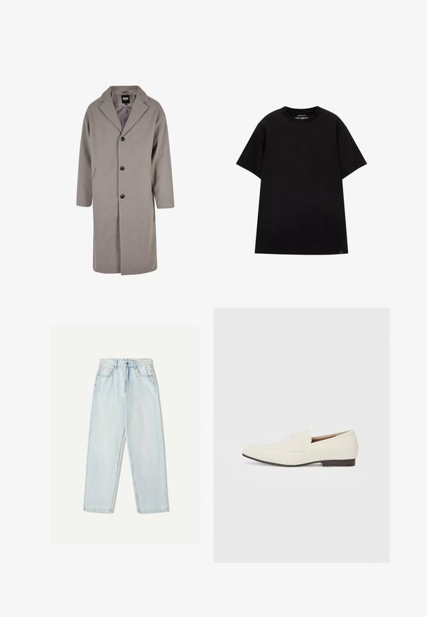 Cappotto di un grigio chiaro, lunghezza ginocchio, realizzato in un materiale morbido, con colletto a revers, chiusura con bottoni e due tasche laterali.; PULL&BEAR JOIN LIFE - T-shirt basic - black; Jeans in denim azzurro chiaro con una vestibilità comoda, design a gamba dritta, stile a cinque tasche e leggere sfumature sul tessuto.; Mocassini beige chiaro con punta affusolata, materiale liscio, una fascia sulla tomaia e una suola bassa marrone. Design semplice con accenti minimi.