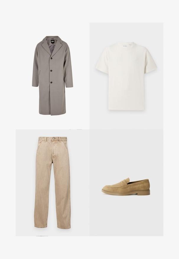 Svijetlosivi kaput do koljena, napravljen od mekanog materijala, s rever kragnom, kopčanjem na dugmad i dva bočna džepa.; Bijela kratka majica s kratkim rukavima u rebrastoj teksturi. Okrugli izrez, ležeran kroj, bez vidljivih uzoraka ili akcenta. Jednostavan i svestran dizajn.; Bež teksas traperice ravnog kroja, s prednjim džepovima, metalnim zakopčavanjem i suptilnom teksturom.; Svijetlosmeđi zamjenski mokasini s zaobljenim vrhom, niskim blok-petama i šivanjem na gornjem dijelu. Glatka tekstura i minimalistički dizajn.