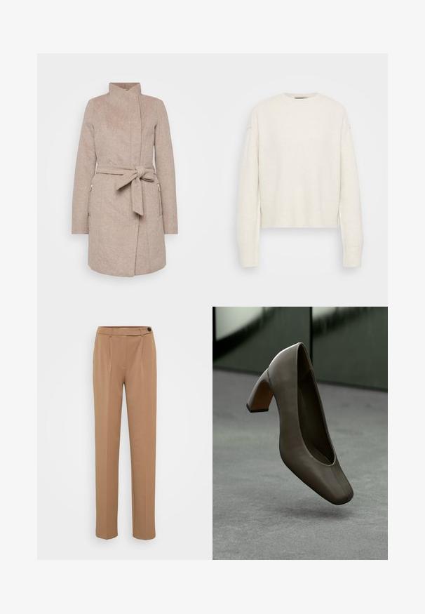 Béžový vlnený kabát s vysokým golierom, opaskom, prednými vreckami a struktúrou rybej kosti. Má priliehavý strih a zapínanie na gombíky.; Biely pletený sveter s okrúhlym výstrihom a uvoľneným strihom. Má rebrované manžety a lem, vyrobený z mäkkého textúrovaného materiálu.; Hnedé nohavice s rovnými nohami, s jedným gombíkom a skladaným predným dizajnom. Hladká textúra, minimalistický štýl.; Tmavoolivovo zelená kožená vysoká topánka na opätku so štvorcovou špičkou a blokovým opätkom, plávajúca nad sivým betónovým podlahou s rozmazaným zeleným pozadím.