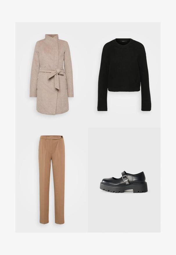 Bežna volnena plašč s visokim ovratnikom, pasom na vezanje, sprednjimi žepi in herringbone teksturo. Ima oprijet kroj in gumbasto zapiranje.; Črna pletena pulover z okroglo ovratnikom in dolgimi rokavi. Ima teksturiran vzorec in skrajšan dizajn.; Rjave krojene hlače s ravnimi nogavicami, ki imajo enojno zapiranje z gumbom in nabran sprednji del. Gladka tekstura, minimalistični slog.; ALDO ARIGON - Čevlji brez vezalk - black