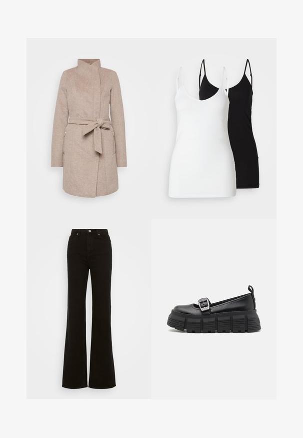 Beige ullfrakk med høy krage, belte, frontlommer og fiskebeinmønster. Har en tettsittende design og knappelukking.; To kvinner i tank tops: en hvit og en svart, laget av mykt stoff, med tynne stropper og dyp V-hals.; Høyt liv svarte utsvingte jeans laget av denim, med knappelukking, sidelommer og en glatt tekstur.; Sorte plattform loafers med avrundet tå, glatt lær-overside, justerbar spenne og teksturert gummisåle med horisontale riller.