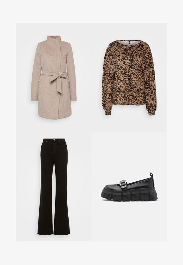 Bež kaput od vune s visokim ovratnikom, remenom koji se veže, prednjim džepovima i herringbone uzorkom. Ima prilagođeni dizajn i dugmad za zatvaranje.; Smeđi pulover s dugim rukavima, s crnim uzorkom leoparda, širokim izrezom i elastičnim manžetama. Mekana, teksturirana tkanina s opuštenim krojem.; Visoke crne široke traperice od denima, sa zakopčavanjem na dugme, bočnim džepovima i glatkom teksturom.; Crne platforme loaferice s zaobljenim nožnim prstom, glatka kožna gornja strana, podesiva kopča i strukturirana gumena potplat s horizontalnim rebrima.