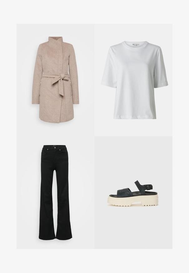 Beige wool coat with a high collar, tie belt, front pockets, and herringbone texture. Features a fitted design and button closure.; White short-sleeve t-shirt with a crew neck. Made of soft fabric, featuring a relaxed fit and subtle stitching details.; Black flared jeans made from denim, featuring a high waist, five pockets, and metal button closure. Smooth texture with minimal detailing.; Black suede platform sandals with a chunky white sole, wide front strap, and adjustable ankle buckle. Textured outsole for grip.
