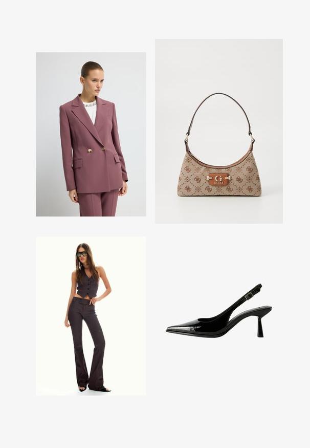 Blazer croisé en tissu mauve avec un col à revers cranté, des boutons dorés et des poches avant. Porté sur un haut blanc avec un col décoratif.; Haut blanc à manches longues avec un col bateau. Fabriqué en matériau doux, il présente des manches évasées et un ourlet droit, offrant un design simple et polyvalent.; Gilet court à rayures marron et pantalons évasés, avec des boutons et un tissu texturé. Chaussures noires à bout ouvert et lunettes de soleil surdimensionnées.; Racine à talon en cuir verni noir avec un nez pointu, des côtés découpés, une bride de cheville ajustable et un talon fin et élégant.; Sac fourre-tout en tissu beige avec des accents en motif marron. Présente une forme courbée, une seule sangle et une plaque logo à l'avant avec des accessoires en argent.