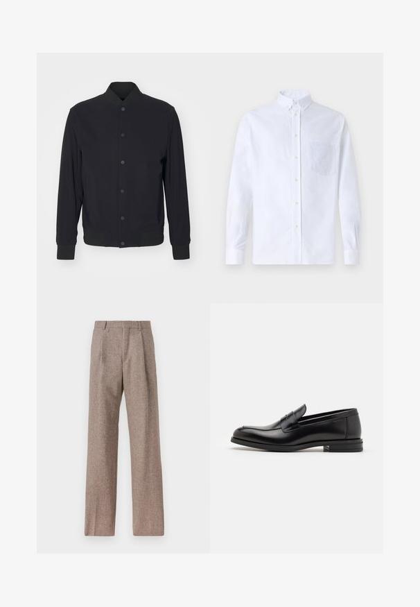 Čierna ľahká bomber bunda s predným zapínaním na cvoky, rebrovaným golierom, manžetami a pásom, zobrazená na jednoduchom bielom pozadí.; Biely dlhý rukáv košeľa s gombíkmi vyrobená z bavlny, s náprsného vrecka s tonálnou výšivkou, golierom a gombíkovými manžetami.; Hnedé, vysoké nohavice vyrobené z texturovanej látky. Majú široké nohavice a dva predné záhyby pre štruktúru. Úhľadné spracovanie bez viditeľného kovania.; Čierne kožené mokasíny s hladkou textúrou, zaoblenou špičkou a dekoračným pásikom cez priehlavok. Nízky vrstvený opätok, minimalistický dizajn.