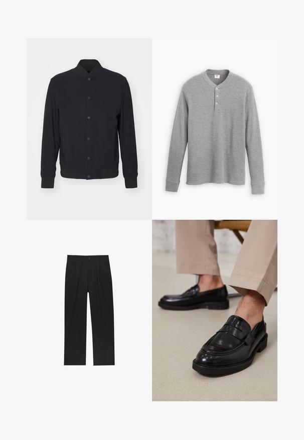 Giacca bomber leggera nera con bottoni a pressione frontali, colletto a coste, polsini e coulisse in vita, presentata su uno sfondo bianco semplice.; Maglietta henley grigia a maniche lunghe in tessuto a coste, con una patta a tre bottoni e uno scollo rotondo, con una forma leggermente aderente.; Pantaloni neri con un design a gamba dritta, realizzati in un tessuto liscio. Presentano pieghe frontali e una chiusura a un bottone in vita.; Mocassini in pelle nera con finitura liscia, dotati di una cintura decorativa e cuciture a contrasto, abbinati a pantaloni beige.