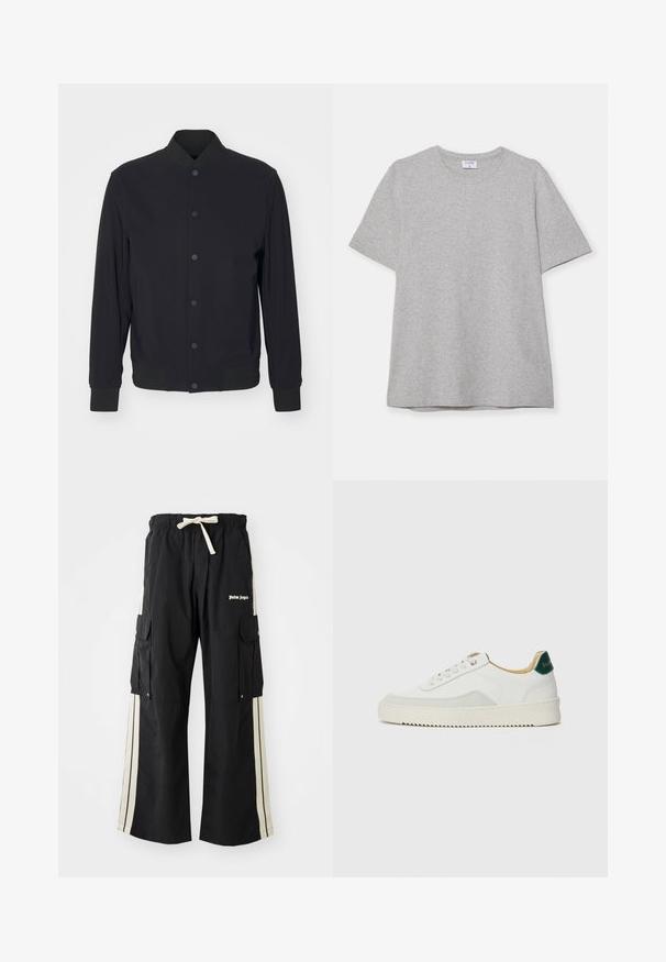 Black lightweight bomber jacket with snap button front, ribbed collar, cuffs, and waistband, shown against a plain white background.; Gray short-sleeve T-shirt made from soft, textured fabric. Features a classic crew neck and a straight hem, suitable for casual wear.; Black cargo pants with elastic waistband and drawstring, features cream side stripes, multiple pockets, and logo detail on the front.; White sneaker with suede accents, rounded toe, flat laces, and a cream rubber sole. Features green branding on the heel.