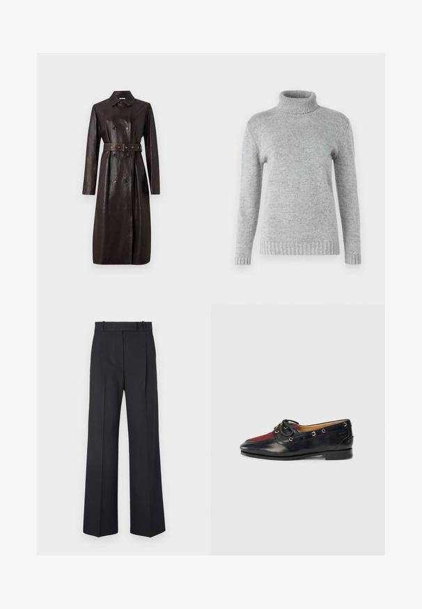 Sötétbarna bőr hosszú ballonkabát dupla gombos záródással, övbújtatós derékkal és klasszikus gallérral.; Világosszürke garbó pulóver, puha kötött anyagból készült, hosszú ujjaival és bordázott textúrával a gallérnál és az alján.; Fehér, hosszú ujjú ing sima anyagból, galléros nyakkal és világos rózsaszín gombokkal ellátott gombos elülső résszel.; Sötétkék csíkos nadrág magas derékkal, széles szárú kialakítással, látható fémrészletek vagy díszítések nélkül. Sima textúra és szabott fazon.; Fekete bőr csónakcipő piros velúr orral, arany fűzőlyukakkal és dekoratív masnival. Simább textúrájú, alacsony blokk sarkú.