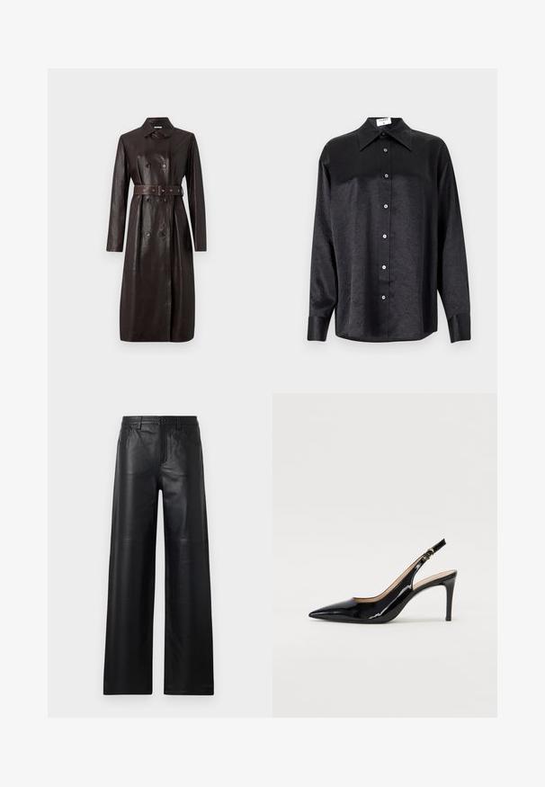 Ciemnobrązowy skórzany długi płaszcz trencz z podwójnymi guzikami, paskiem w talii i klasycznym kołnierzem.; Czarna koszula z długim rękawem i kołnierzykiem, o pogniecionej teksturze, z pełnym zapięciem na guziki z przodu oraz mankietami. Wykonana z gładkiego materiału.; Szerokie czarne skórzane spodnie o gładkiej fakturze, z przednimi kieszeniami, zapięciem na guzik i subtelnymi detalami szycia.; Czarne lakierowane szpilki typu slingback z szpiczastym noskiem, smukłym obcasem i subtelnym wycięciem. Posiadają złotą klamrę na pasku.