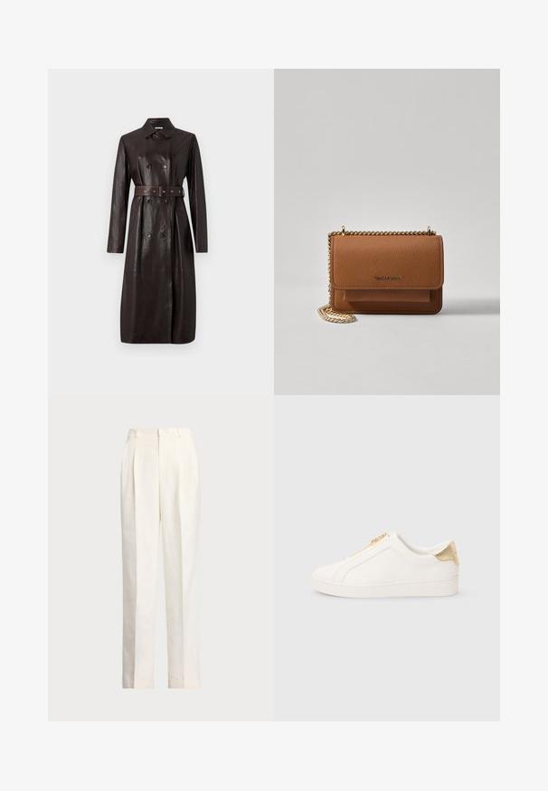 Trench coat longo de pele castanha escura com botões duplos, cintura cingida e gola clássica.; Sweater branco sem mangas, feito de algodão liso, com uma bainha canelada e um pequeno logotipo em navy na parte inferior esquerda. Design simples, sem padrões.; Polo Ralph Lauren HEMP WIDE LEG PANT - Calças - nevis; Tênis brancos tipo slip-on feitos em couro liso, com um fecho dourado e um detalhe próximo ao calcanhar com acabamento texturizado e logótipo gravado na lateral.; Bolsa crossbody de couro texturizado castanho com alça de corrente dourada e fecho com aba. A parte da frente apresenta detalhe do logótipo e um bolso sob a aba.
