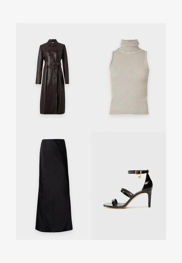 Tmavohnedý kožený dlhý trenčkot s dvojradovými gombíkmi, opaskom v páse a klasickým golierom.; Halenka bez rukávov s vysokým golierom a vertikálnymi čierno-bielymi pruhmi, vyrobená z textúrovanej pleteniny.; Norma Kamali BIAS OBIE SKIRT - Maxisukňa - black; Čierne lakované sandále s tromi pásikmi, spona na členku a 10 cm ihlovým podpätkom. Obsahujú zlaté detaily s hardwarem a logo prívesok.