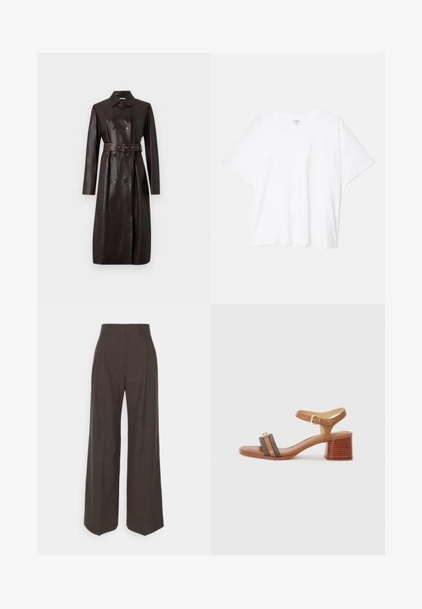 Tamno smeđi kožni dugi mantil s dvostrukim dugmadi, pojasom u struku i klasičnom ovratniku.; Bijela pamučna majica s kratkim rukavima, okruglim izrezom, opuštenim krojem i šivenim rubom. Etiketa je vidljiva na unutarnjoj strani vrata.; Tamno smeđi hlače širokih nogavica s visokim strukom, s uredno peglanim naborima, glatkom teksturom i krojem koji dobro pristaje.; Smeđi sandali na potpeticu sa kvadratnim vrhom, dva tamnosmeđa remena i zlatnom kopčom. Imaju blok petu od složenih materijala i glatku kožnu teksturu.