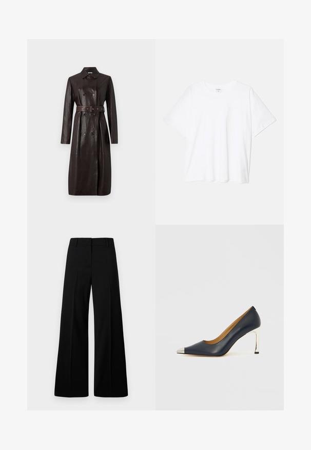 Trench coat longo de pele castanha escura com botões duplos, cintura cingida e gola clássica.; T-shirt de algodão branco com mangas curtas, decote redondo, corte descontraído e bainha cosida. Etiqueta visível no interior do pescoço.; Calças largas pretas com uma textura suave, cós estruturado e pregas frontais. Design minimalista sem hardware visível.; Sapato elegante de salto alto em couro azul marinho com bico fino, apresentando uma ponta metálica prateada e um salto stiletto prateado brilhante.