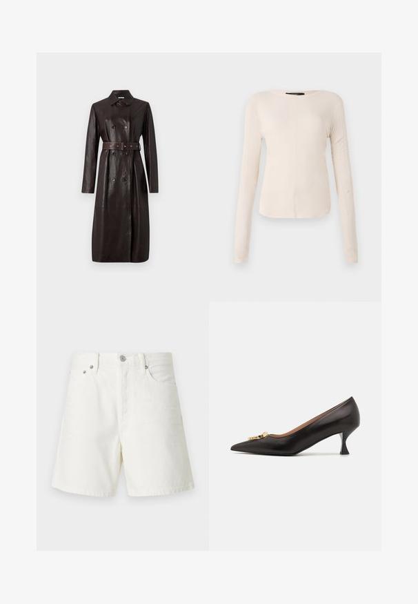 Manteau trench long en cuir brun foncé avec des boutons double boutonnage, taille ceinturée et col classique.; Haut à manches longues, beige clair avec un col rond. Fait dans un tissu doux, il présente une couture centrale et un ourlet légèrement courbé. Pas de métal visible.; Shorts en denim blanc avec une coupe droite, un design à cinq poches, une fermeture à bouton à l'avant, des détails en métal argenté et des coutures décoratives.; Escarpin noir en cuir à bout pointu avec un accent en matériel logo doré, présentant un petit talon incurvé et une texture lisse.