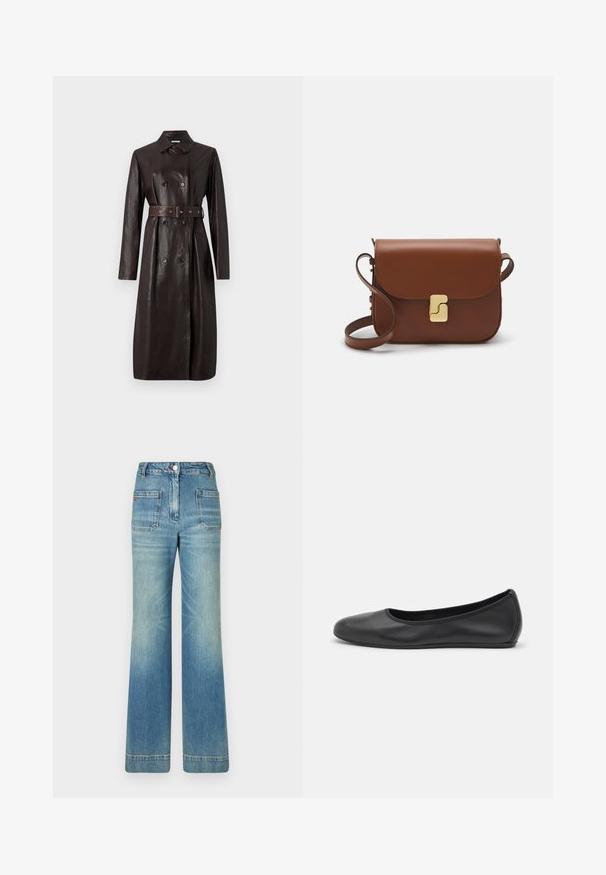 Tumši brūns ādas garais mēteli ar divrindas pogām, jostā veidotu vidukli un klasisku apkakli.; Balta īsām piedurknēm T-krekls, izgatavots no ribota auduma. Apaļš izgriezums, regulāra piegriezuma un diskrēti šuvumu detaļas. Bez printiem vai grafikām.; Gaiši zili džinsi ar platām kājām, piecām kabatām, jostām, pogas aizdari un viegli nolietotu tekstūru, ar sarkanu logotipu uz aizmugures.; Melna ādas baleta kurpe ar noapaļotu purngalu, gludu tekstūru, minimālu šuvju detalizāciju un elastīgu zoles dizainu.; Bordo ādas rokas soma ar atloku, zeltītām detaļām, plecu siksnu un gludu virsmu. Kompakta, taisnstūrveida forma.