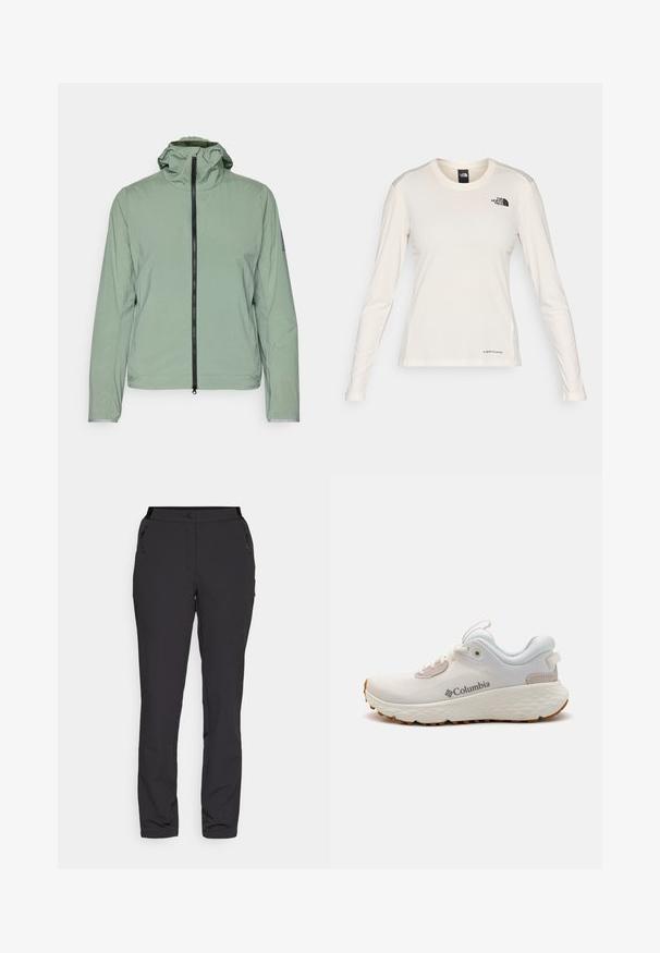 Light green, lightweight jacket with a zip closure, adjustable hood, and elastic cuffs. Features a simple, smooth texture and minimal design.; The North Face SHADOW LONG SLEEVE - Long sleeved top - white dune; Black outdoor pants, made of lightweight fabric, feature a straight leg design, zippered side pockets, and an adjustable waistband.; Lightweight Columbia athletic shoe in white mesh with a textured gray sole and rubber traction. Features a padded collar and lace-up design.