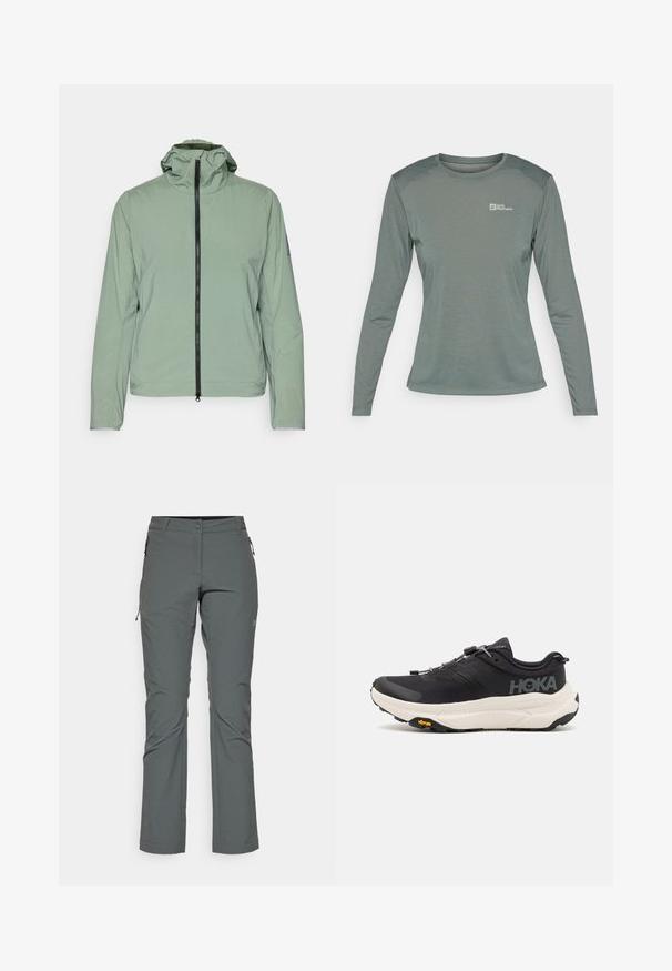 Svetlo zelena, lahka jakna z zadrgo, nastavljivo kapuco in elastičnimi manšetami. Ima preprost, gladek vzorec in minimalističen dizajn.; Majica s dolgimi rokavi v zatemnjenem zelenem odtenku, izdelana iz lahkotnega, teksturiranega blaga. Ima okroglo ovratnico in majhen logotip na levem prsnem košu.; Sive hlače za prosto vreme, narejene iz lahkega, strukturiranega materiala; imajo žep z zadrgo in prilagojen kroj s ravno nogavico.; Črne športne copate z zračnim mrežastim zgornjim delom, gumijastim podplatom, belim blažilnim srednjim podplatom in odbojnimi vezalkami. Vibram logo na podplatu.