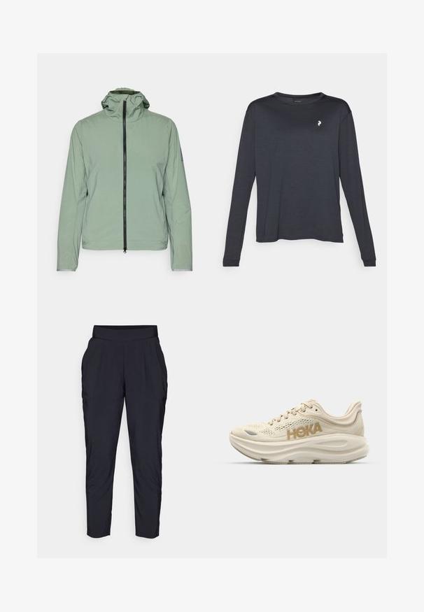 Gaisma zaļš, viegls jaka ar rāvējslēdzēja aizdari, regulējamu kapuci un elastīgām aprocēm. Iezīmējas ar vienkāršu, gludu tekstūru un minimālistisku dizainu.; Tumša, garām piedurknēm T-kreklā, izgatavota no strukturēta auduma, ar apaļu kakla izgriezumu un mazu baltu logotipu kreisajā krūšu daļā.; Melnas saspringtas bikses ar plašu, elastīgu jostu, priekšējām krokām un sānu kabatām. Izgatavotas no gluda, viegla auduma.; Gaiša beiga skriešanas apava ar sietveida augšdaļu, mīkstu apkaklīti, izteiksmīgu "HOKA" zeltītu logotipu un biezu, mīkstinātu zoli komfortam.