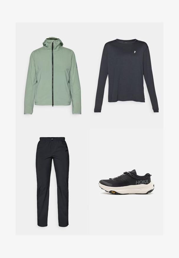 Svetlozelená, ľahká bunda so zipsovým zapínaním, nastaviteľnou kapucňou a elastickými manžetami. Má jednoduchú, hladkú textúru a minimalistický dizajn.; Tmavé tričko s dlhým rukávom vyrobené z textúrovanej látky, s okrúhlym výstrihom a malým bielym logom na ľavej strane hrudi.; Čierne, ľahké, vodoodpudivé nohavice s elastickým pásom a dvoma bočnými vreckami; hladká textúra; design s rovnými nohavicami.; Čierne športové topánky s priedušným sieťovým zvrškom, gumovou podrážkou, bielou tlmiacou medzipodrážkou a reflexnými šnúrkami. Logo Vibram na podrážke.