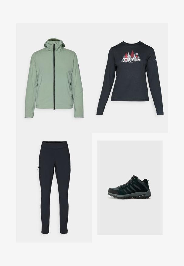 Light green, lightweight jacket with a zip closure, adjustable hood, and elastic cuffs. Features a simple, smooth texture and minimal design.; Long-sleeve dark gray shirt with a graphic of red trees and mountains; "COLUMBIA" logo in bold white text. Soft fabric, standard crew neck.; Black athletic pants with a slim fit, elastic waistband, and a side pocket featuring a zipper. Smooth, stretchy fabric with minimal seams.; Columbia REDMOND - Hiking shoes - black/citron haze