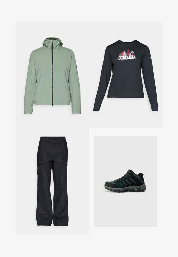 Vaaleanvihreä, kevyt takki, jossa on vetoketjusulje, säädettävä huppu ja joustavat hihansuut. Ominaisuuksiin kuuluu yksinkertainen, sileä rakenne ja minimalistinen muotoilu.; Tummanharmaa pitkähihaisen paidan graafinen kuva punaisista puista ja vuorista; "COLUMBIA" -logo lihavoituna valkoisella tekstillä. Pehmeä kangas, normaali pyöreä kaula-aukko.; Columbia BREA FALLS™ COTTON RIPSTOP PANT - Ulkohousut - black; Columbia REDMOND - Vaelluskengät - black/citron haze