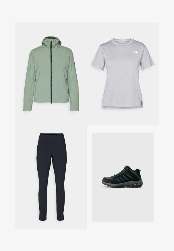 Light green, lightweight jacket with a zip closure, adjustable hood, and elastic cuffs. Features a simple, smooth texture and minimal design.; Grey short-sleeve t-shirt made of soft, moisture-wicking fabric. Features a crew neck and a small white logo on the upper left.; Black athletic pants with a slim fit, elastic waistband, and a side pocket featuring a zipper. Smooth, stretchy fabric with minimal seams.; Columbia REDMOND - Hiking shoes - black/citron haze