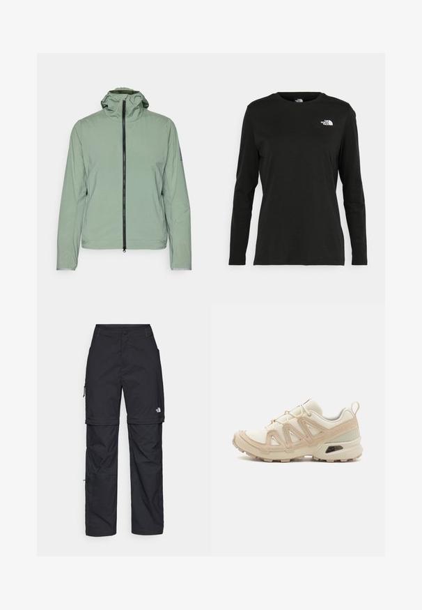 Gaisma zaļš, viegls jaka ar rāvējslēdzēja aizdari, regulējamu kapuci un elastīgām aprocēm. Iezīmējas ar vienkāršu, gludu tekstūru un minimālistisku dizainu.; Melnas garām piedurknēm T-krekls, izgatavots no kokvilnas ar apaļu kaklu. Tam ir mazs balts logo kreisajā krūtīs. Vienkāršs dizains un piegulums.; Melni nailona bikses ar noņemamām kājām, regulējamiem uzmavām, vairākām kabatām un logotipu uz labās kājas. Gluda, viegla tekstūra.; Beige un krēma sporta apavi ar strukturētu tīkla virsmu, atbalstošajiem slāņiem un gumijas zoli ar protektoru rakstu, kas nodrošina saķeri.
