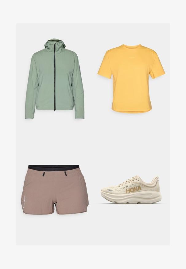 Svetlozelená, ľahká bunda so zipsovým zapínaním, nastaviteľnou kapucňou a elastickými manžetami. Má jednoduchú, hladkú textúru a minimalistický dizajn.; Žlté tričko s krátkym rukávom a okrúhlym výstrihom, vyrobené z mäkkej látky. Má jemné logo na hrudi a rovný lem.; Béžové šortky vyrobené z ľahkého materiálu, s textúrovaným vzorom, elastickým pásom s čiernymi akcentmi a dvoma bočnými vreckami.; Svetlo béžové bežecké tenisky s vrchnou časťou z mäkkej siete, polstrovaným golierom, výrazným logom "HOKA" v zlatej farbe a hrubou, tlmiacou podrážkou pre pohodlie.