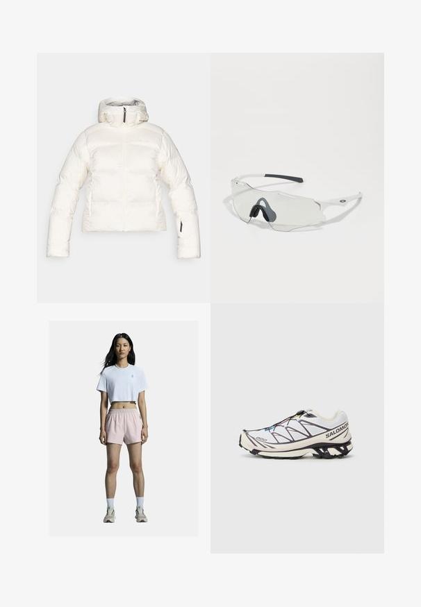 Hvid pufferjakke med høj krave, lynlås foran og elastiske manschetter. Har et quiltet design og sidelommer. Blødt, struktureret stof.; Lys grå, langærmet crop top lavet af strækbart stof, med rund halsudskæring og slankt design. Sammen med højtaljede sorte leggings.; Hvid kort t-shirt med logo, parret med lyserøde sportshorts med elastisk talje. Hvide sokker og neutrale sneakers fuldender outfittet.; Salomon løbesko med en hvid mesh-overdel og lilla accenter, en tekstureret sål og et hurtigt snøret mekanisme.; Solbriller med klar linse, hvid ramme og grå gummi næsepuder. Har et slankt design, vinkelret form og minimale hardware detaljer.; Sort skuldertaske lavet af struktureret stof, der har et diagonalt design, justerbar strop og snorelukninger på siderne.