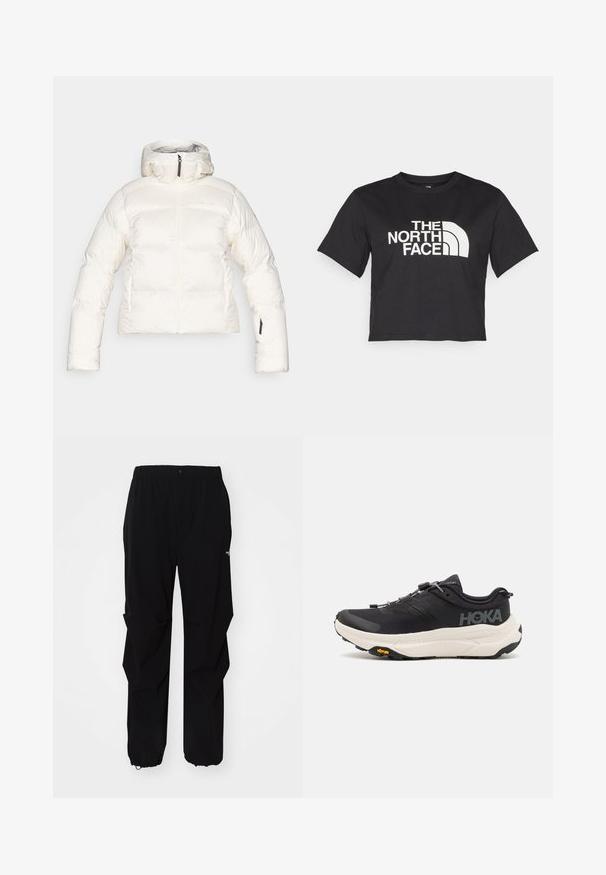 Balta pūkaina jaka ar augstu apkakli, rāvējslēdzēja priekšpusi un elastīgām piedurknēm. Iezīmē šuves dizains un sānu kabatas. Mīksta, teksturēta auduma.; Melnā īsā t-kreklā no kokvilnas, ar baltu logo un izliektiem akcentiem, uz kura ir uzraksts "THE NORTH FACE" priekšpusē. Īsas piedurknes, apaļa izgriezuma kakla daļa.; Melnas āra bikses, kas izgatavotas no izturīga materiāla, ar brīvu piegriezumu, elastīgu jostu un savilktiem rāvējslēdzējiem, lai pielāgotu garumu.; Melni sporta apavi ar elpojošu režģi augšdaļā, gumijas zoli, baltu amortizējošu starpzoli un atstarotājām šņorēm. Vibram logo uz zoles.