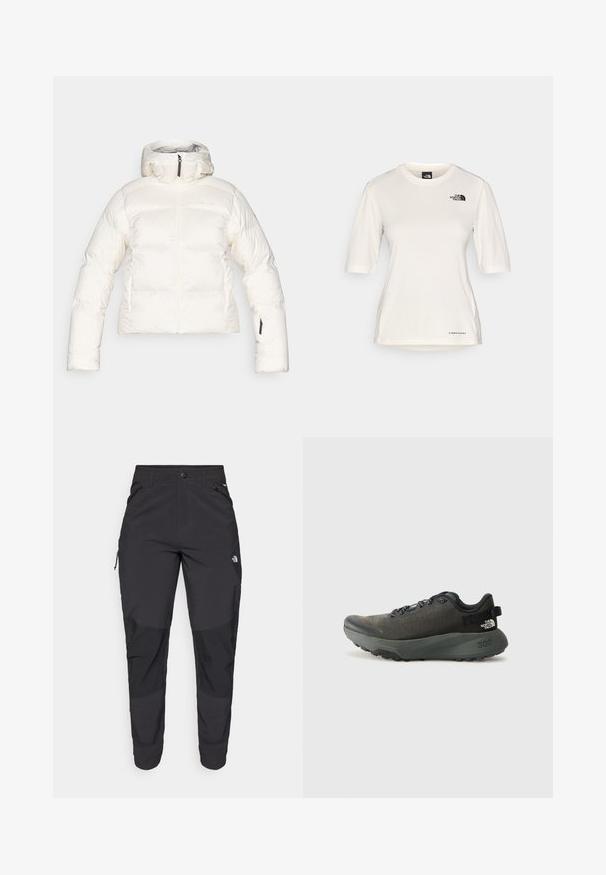 Bela pufasta jakna s visokim ovratnikom, prednjim zatvaračem i elastičnim rukavima. Ima šivani dizajn i bočne džepove. Mekana, teksturirana tkanina.; The North Face SHADOW SHORT SLEEVE - Sportska majica - white dune; Crne vanjske hlače izrađene od izdržljivog materijala. Imaju džepove sa zatvaračem, ojačane paneli na koljenima i ravni kroj za slobodu pokreta.; Tamnosivi sportski tenisice s teksturiranim gornjim dijelom od tkanine, ravnim vezicama, ojačanim prstom i debelim, robusnim potplatom za prianjanje. Broj 300 utisnut je na peti.