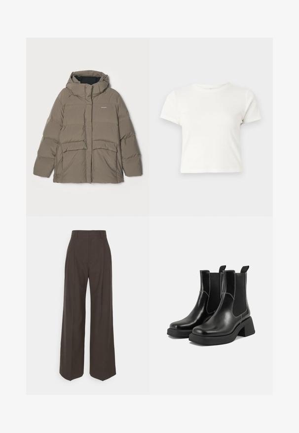 Padded hooded jacket in olive green, featuring a front zipper, large pockets, and a sleek, quilted design. Soft, warm texture.; Short white t-shirt made of cotton with short sleeves, a round neckline, and a straight hem, featuring a smooth texture and minimal design.; Dark brown wide-leg trousers with a high waist, featuring neatly pressed creases, smooth texture, and a tailored fit.; Black leather Chelsea boots with a chunky heel, elastic side panels, and contrasting white stitching. Textured finish.