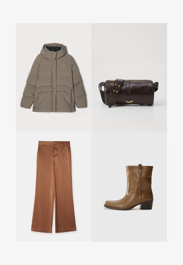 Polstret hættejakke i olivengrøn med frontlynlås, store lommer og et elegant, quiltet design. Blød og varm tekstur.; Langærmet, lys beige top med rund halsudskæring. Lavet af blødt stof, har en central søm og let buet kant. Der er ingen synlige metaldele.; Brune brede bukser lavet af satin, med sidelommer, en glat tekstur og en skræddersyet talje for en struktureret pasform.; Brun læder ankelstøvle med firkantet tå, tekstureret overflade og en lav stablet hæl. Har en bageste hælflap og subtile syningsdetaljer.; Brun krokodilleder taske med cylindrisk form, hardware i guld-tone, og en aftagelig rem med nitter.