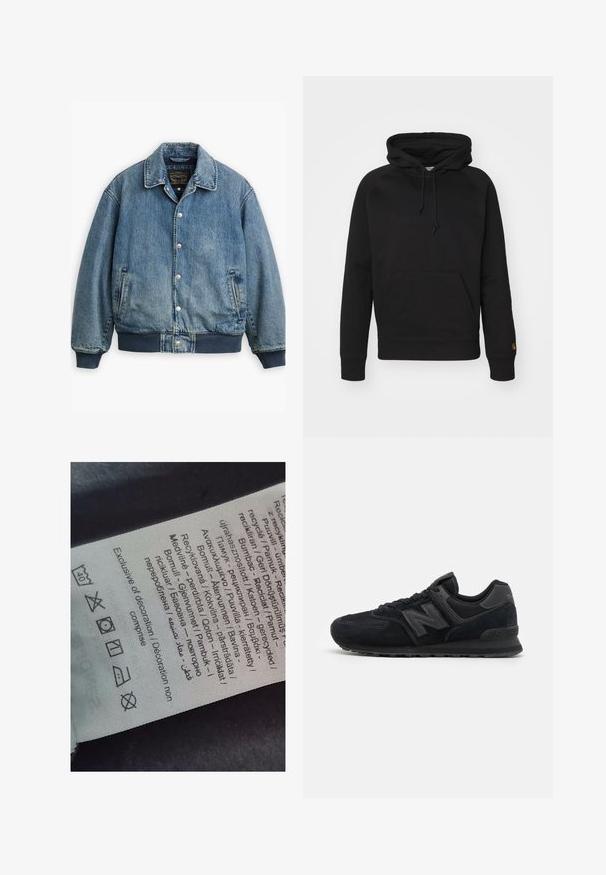 Levi's® - Kurtka jeansowa; Czarna bluza z kapturem uszyta z miękkiego materiału, z przednią kieszenią, regulowanym sznurkiem i prążkowanymi mankietami. Gładka tekstura z minimalnymi detalami.; Etykieta z tekstem w wielu językach, symbolami pielęgnacji i ikonami recyklingu, wydrukowana na materiałowym, miękkim w dotyku w jasnym kolorze.; Czarne zamszowe i siateczkowe buty sportowe z teksturowaną cholewką, wyściełanym kołnierzem, płaskimi sznurowadłami i szarym logo po boku.