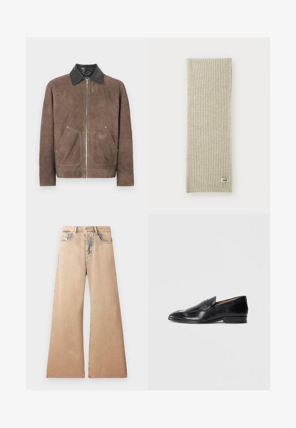 Jaqueta de camurça castanha com colarinho de pele preta, fecho frontal com zíper e dois grandes bolsos de pala; textura suave e design casual.; Camisa de manga longa branca feita de tecido texturizado, com colarinho clássico, fecho com botões à frente e bainha reta, com um ajuste descontraído.; Jeans bege de perna larga com textura desbotada, design de cinco bolsos e detalhes de costura ao longo das costuras. A cintura tem um fecho tradicional de botão.; Sapato de couro preto tipo mocassim com um acabamento liso, bico pontudo e detalhes de costura subtis. Apresenta um salto baixo e um logotipo embutido na lateral.; Cachecol em malha bege com textura de canelados verticais. Apresenta uma pequena etiqueta de tecido rotulada "DRYARN" em uma das extremidades. Material suave e leve.