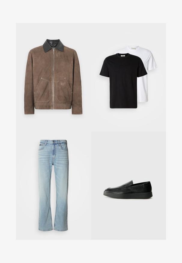 Jaqueta de camurça castanha com colarinho de pele preta, fecho frontal com zíper e dois grandes bolsos de pala; textura suave e design casual.; Duas T-shirts de algodão lisas, uma preta colocada à frente de uma branca, ambas com mangas curtas e decotes redondos.; Jeans de ganga azul claro com corte reto, apresentando cinco bolsos, fecho de botão e um ligeiro desvanecimento no tecido.; Calvin Klein HYBRID CUP - Sapatos sem atacadores - triple black