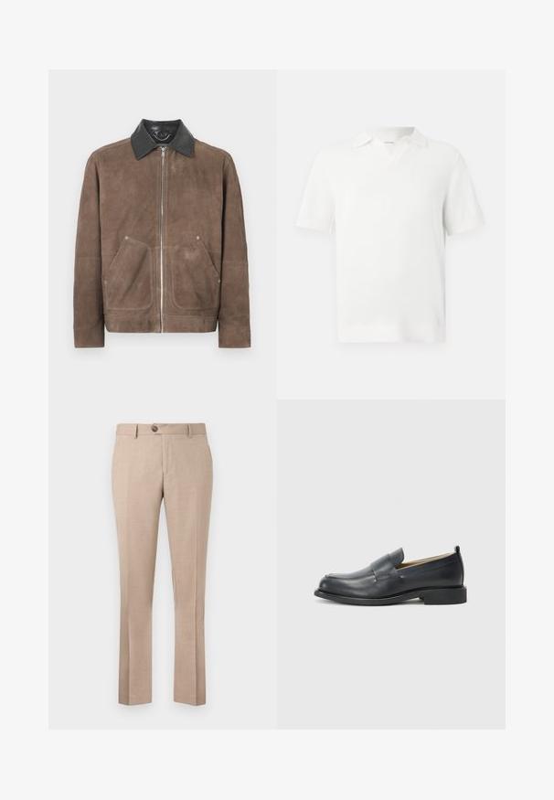 Jaqueta de camurça castanha com colarinho de pele preta, fecho frontal com zíper e dois grandes bolsos de pala; textura suave e design casual.; Polo de manga curta branco com um design de malha texturizada, apresentando um colarinho em V e punhos canelados para um acabamento ajustado.; Calças bejes feitas de um tecido leve, com um corte reto, fecho de um botão e dois bolsos frontais.; Mocassins de couro pretos com um acabamento suave, sola plana e bico arredondado, com uma tira decorativa atravessando a parte superior.
