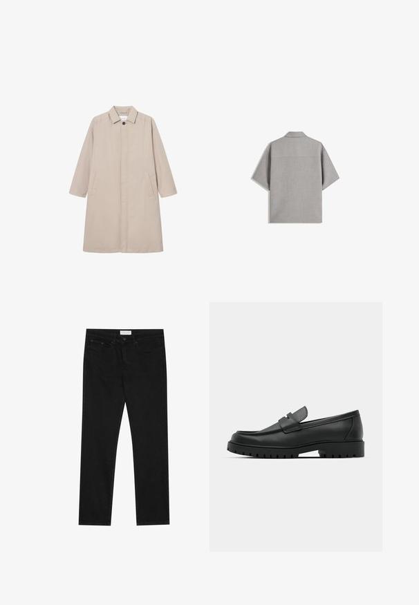 Impermeabile beige realizzato in materiale leggero, con colletto, chiusura con bottoni e due tasche laterali, maniche lunghe e taglio dritto.; Bershka SHORT SLEEVE TAILORED - Camicia - dark grey; Jeans neri a gamba dritta con design a cinque tasche, chiusura con bottone e zip, e etichetta del marchio Pier One sulla cintura.; Mocassini in pelle nera con punta rotonda, caratterizzati da un design cucito, suola piatta bassa e un battistrada in gomma testurizzata e scolpita.