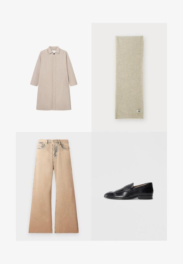 Beige sadetakki, joka on valmistettu kevyestä materiaalista, jossa on kauluspaita, nappikiinnitys ja kaksi sivutaskua, pitkät hihat ja suora leikkaus.; Valkoinen pitkähihainen paita, joka on valmistettu teksturoidusta kankaasta. Paidassa on klassinen kaulus, napitus edessä ja suora helma, sekä rento istuvuus.; Beige leveled-krov jeans med blekt tekstur, fem-lomme design, og sydd detaljer langs sømmene. Midjen har en tradisjonell knappelukking.; Musta nahkainen loaferi, jossa on sileä pinta, kärki, joka on terävä, ja hienovarainen ompelu. Sisältää litteän korokkeen ja kohokuvioidun logon sivulla.; Harmaa neulotut huivi, jossa on pystysuora ribbitekstuuri. Yhden pään kohdalla on pieni kangaslabeli, jossa lukee "DRYARN". Pehmeä, kevyt materiaali.; Musta solmio, jossa on vinot siniset raidat, valmistettu sileästä kankaasta. Siinä on kapeneva pää ja solmittu silmukka ylhäällä.