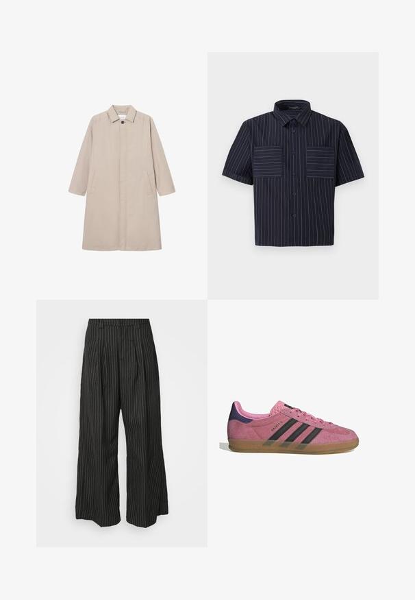 Beige regenjas van lichtgewicht materiaal, met een kraag, knoopsluiting en twee zijzakken, lange mouwen en een rechte pasvorm.; Korte mouwen overhemd in donker marineblauwe stof met witte verticale strepen. Voorzien van een klassieke kraag en twee borstzakken met horizontale strepen.; Zwarte gestreepte wijde broek met plooien, met een op maat gemaakt ontwerp en een zachte textuur. Geen zichtbare hardware of accenten.; Roze suède sneaker met zwarte strepen, rubberen zool en textuur op de paarse hak. Voorzien van een vetersluiting en opgedrukte merknaam aan de zijkant.