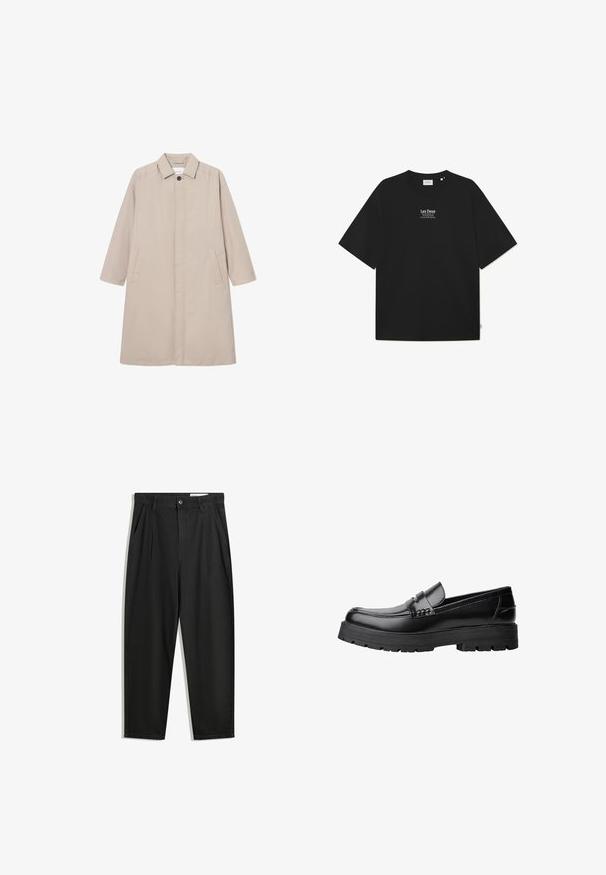 Béžový dáždnikový plášť vyrobený z ľahkého materiálu, s golierom, zapínaním na gombíky a dvoma bočnými vreckami, s dlhými rukávmi a rovnom strihom.; Čierne bavlnené tričko s voľným strihom, okrúhlym výstrihom a krátkymi rukávmi. V strede sa nachádza biele textové logo "Les Deux". Minimalistický dizajn.; Čierne bavlnené nohavice s voľným strihom, s klasickým pásom, prednými záhybmi a bočnými vreckami. Hladká textúra bez vzorov.; Čierne kožené mokasíny s masívnou podrážkou a dekoratívnym pásom cez hornú časť, zobrazené z ľavého bočného profilu na bielom pozadí.