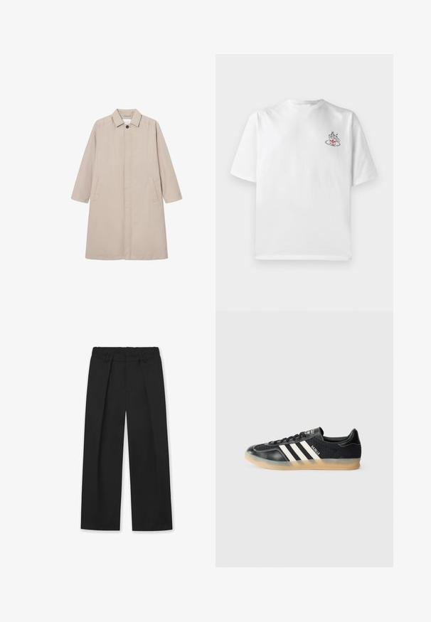 Bežs lietusmētelis, kas izgatavots no viegla materiāla, ar apkakli, pogu aizdari un divām sānu kabatām, ar garām piedurknēm un taisnu piegriezumu.; Balts kokvilnas t-krekls ar īsām piedurknēm, ar mazu rozā un melnu kafijas krūzes grafiku kreisajā krūšu daļā.; Melnas plaša kāja bikses ar platu jostasvietu, priekšpusē krokām un sānu kabatām. Izgatavotas no gludas, vieglas auduma.; Melnas sporta kedas ar baltām svītrām, teksturēta auduma, gluda ādas purngals un gumijas zole. Uz mēles ir logo.