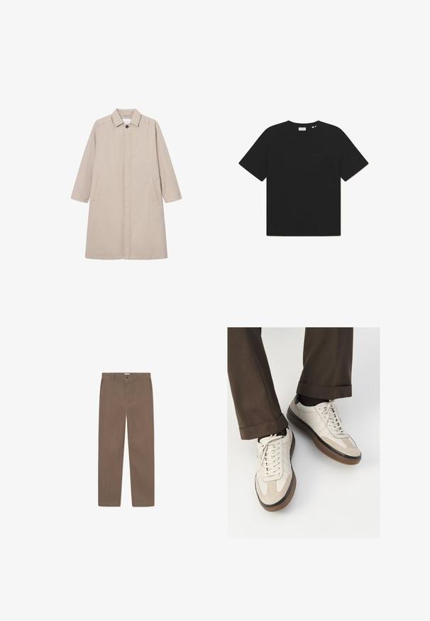 Beige esőkabát, könnyű anyagból készült, galléros nyakkal, gombos záródással és két oldalsó zsebbel, hosszú ujjal és egyenes szabású.; Fekete pamut póló kerek nyakkal és rövid ujjal. Diszkrét szöveges logó található az elején. Puha anyagú és laza szabású.; Barna, egyenes szárú nadrág sima textúrával, gombos záródással, övhurkokkal és oldalsó zsebekkel. Nincsenek látható jellegzetes minták.; Beige sportcipők, texturált velúr elülső résszel, sima bőr oldalakkal és barna gumitalppal. Fűzők és világos varrási részletek is megtalálhatók.