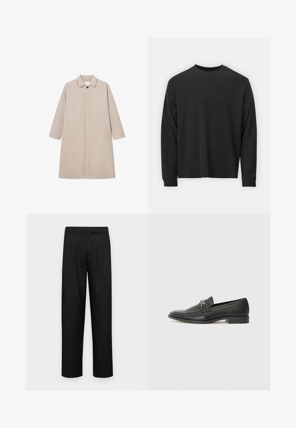 Béžový dáždnikový plášť vyrobený z ľahkého materiálu, s golierom, zapínaním na gombíky a dvoma bočnými vreckami, s dlhými rukávmi a rovnom strihom.; Čierne tričko s dlhým rukávom vyrobené z bavlny, s okrúhlym výstrihom, vo voľnom strihu a rebrovanými manžetami. Hladká textúra bez viditeľných vzorov.; Čierne nohavice vyrobené z hladkej tkaniny, s rovnými nohavicami, dvoma prednými skladmi a štandardným pásom s pútkami na opasok.; Čierne kožené loafers s hladkým povrchom, s prešitým dizajnom a dekoratívnym kovovým reťazovým akcentom cez priehlavok. Plochý podpätok.