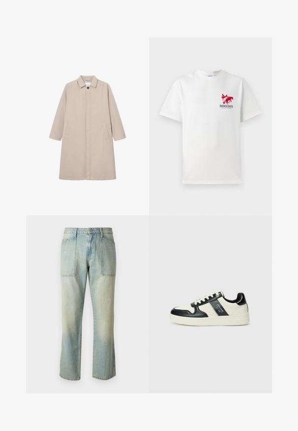 Beige raincoat made of lightweight material, featuring a collared neck, button closure, and two side pockets, with long sleeves and a straight cut.; White cotton t-shirt featuring a red cowboy and horse graphic on the left chest with "RODEO DAYS" text beneath the design.; Light blue denim jeans with a straight leg cut, visible stitching, and two large front pockets. The fabric has a faded texture.; Leather sneakers with a black and cream color scheme, featuring perforated accents, a padded collar, and a textured outsole.