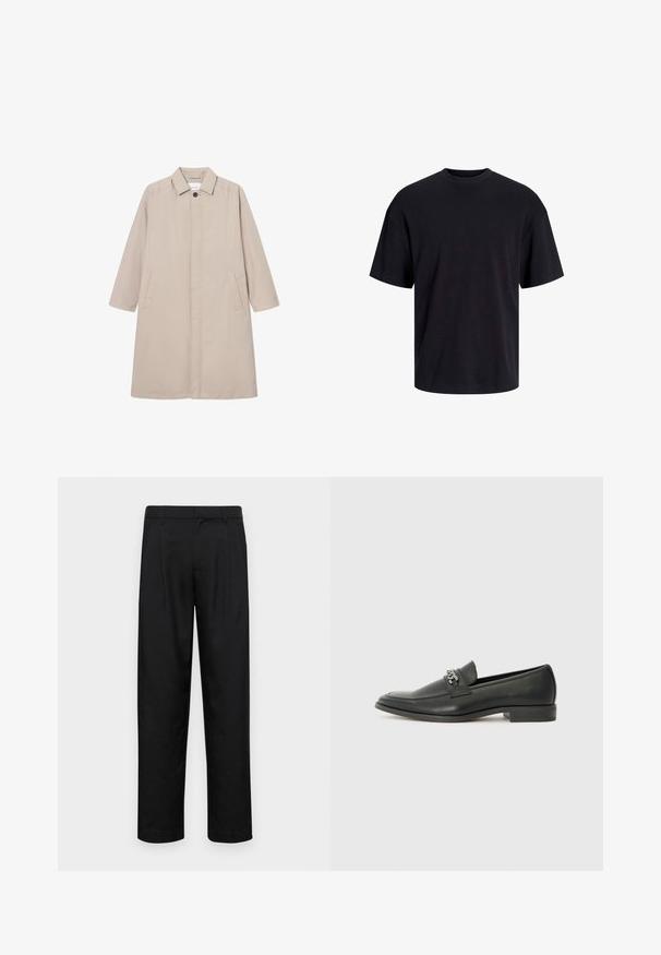 Bežan kišni kaput napravljen od laganog materijala, s ovratnikom, zatvaranjem na gumbe i dva bočna džepa, dugim rukavima i ravnim krojem.; Crna pamučna majica s okruglim izrezom, kratkim rukavima i opuštenim krojem. Glatka tekstura bez vidljivih uzoraka ili dekoracija.; Crne hlače od glatkog materijala, s dizajnom ravnih nogavica, dva prednja nabora i standardnim pojasom s petljama za remen.; Crna kožna loafer cipela s glatkom finišem, s ušivenim uzorkom i dekorativnim metalnim lancem preko prednjeg dijela. Ravni potplat.