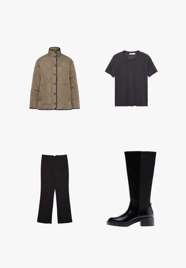 Gestepptes gepolstertes Jacket in Olivgrün mit hohem Kragen, schwarzer Borte, vorderen Knopfverschlüssen und seitlichen Taschen. Diamantenmuster auf der gesamten Fläche.; Schwarzes Rundhals-T-Shirt aus weicher Baumwolle. Kurze Ärmel, lockere Passform und gerader Saum ohne Verzierungen oder Muster.; Schwarze Hose mit geradem Schnitt, ausgestattet mit Fronttaschen und Seitenschlitzen am Saum. Hergestellt aus weichem, glattem Stoff. Geeignet für verschiedene Anlässe.; Schwarzer kniehoher Stiefel aus glattem Leder, mit markanten Nähten, klobigem Absatz und einer strukturierten Rückseite für zusätzlichen Akzent.