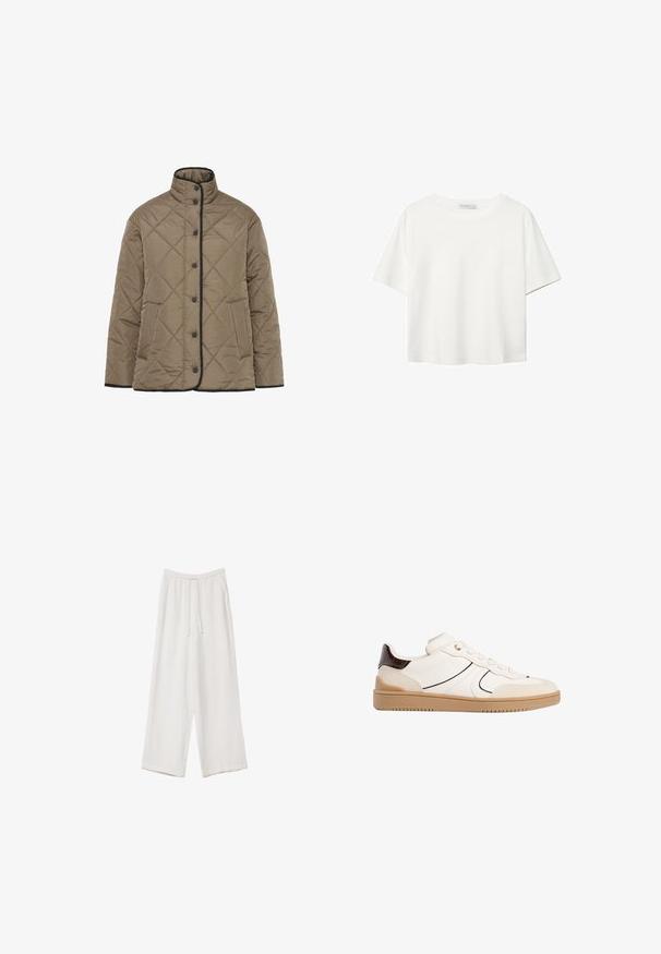 Veste matelassée rembourrée en vert olive avec un col montant, des détails noirs, des fermetures à boutons sur le devant et des poches latérales. Motif en diamant sur l'ensemble.; T-shirt blanc à manches courtes en coton. Doté d'un col ras du cou et d'une coupe décontractée. Texture lisse sans motifs ni accents visibles.; Pantalons larges blancs en tissu léger. Dotés d'une taille élastique avec cordon de serrage et de poches latérales. Texture lisse.; Stradivarius Baskets basses - white